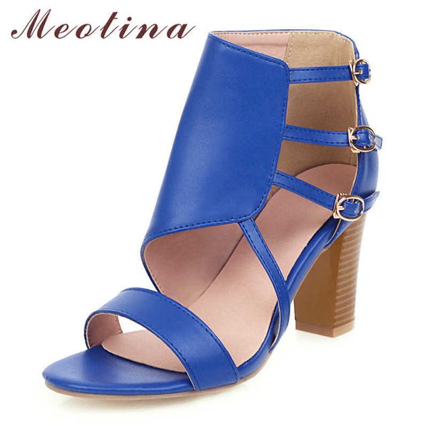 

meotina summer sandals women shoes buckle chunky heels gladiator shoes super high heel sandals female plus size 34-43 210608, Black