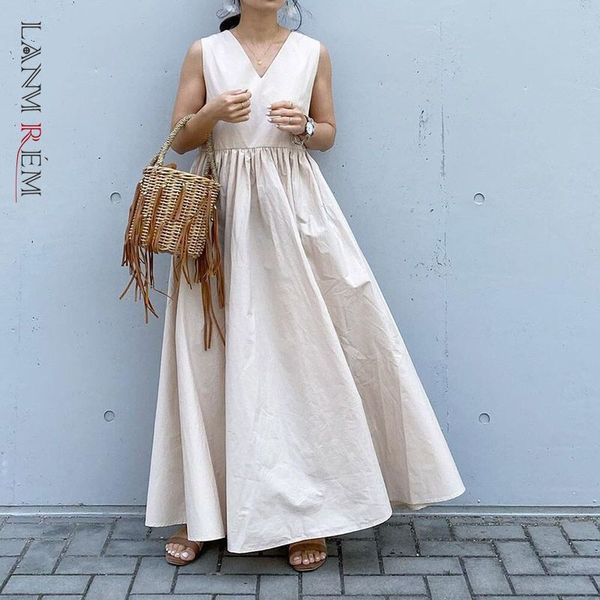 

spring sleeveless v-neck flare waist loose ankle-length white color all-match japanese style dress for women 2a3020 210507, Black;gray