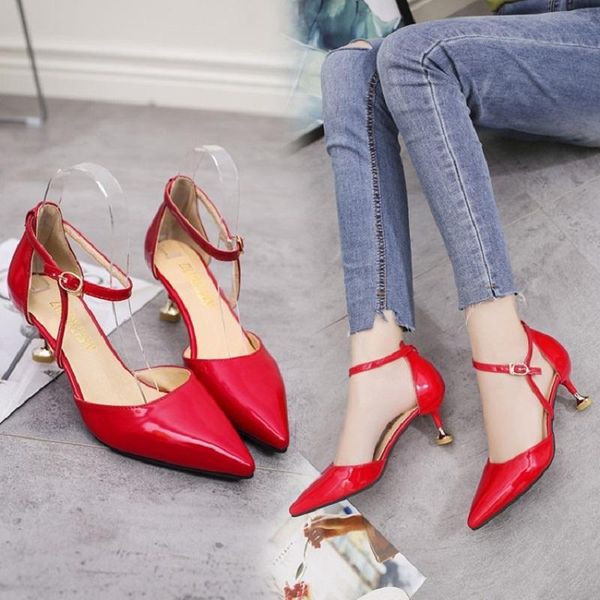 

dress shoes 2021 summer ladies sandals patent leather solid color stiletto hollow single one button fashion pointed high heel wome, Black