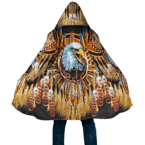

men's wool & blends aborigine style eagle 3d printed winter men/women hooded cloaks fleece wind breaker casual warm overcoat, Black