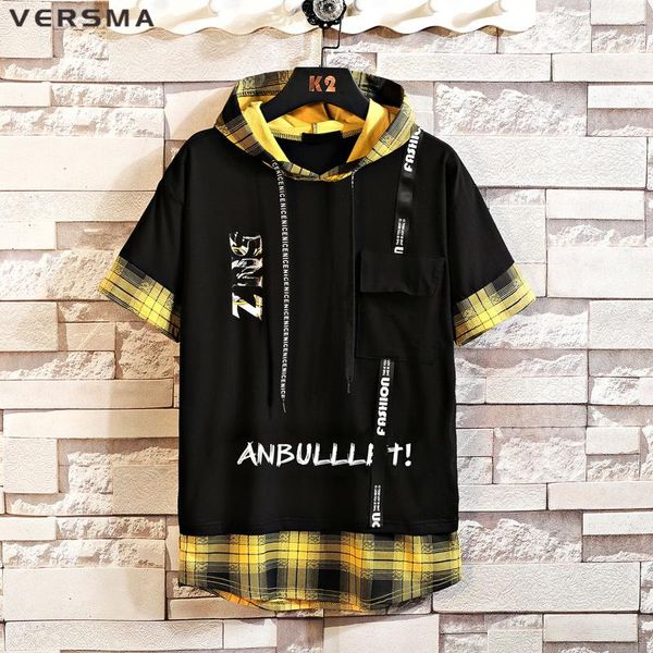 

men's t-shirts versma korean trendy plaid patchwork short sleeve men summer fake two piece cotton hood t-shirt boys girls drop, White;black
