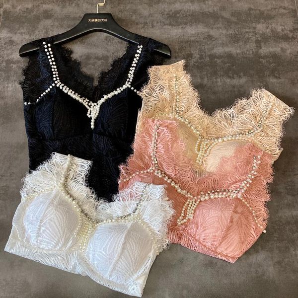 

camis female summer pearl beaded hollow lace ladies women bra witn chest pad white pink tank