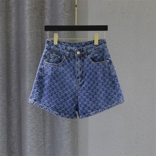 Shorts azuis xadrez cintura alta perna larga jeans feminino verão solto a-line calças de moda bordadas slim 220307