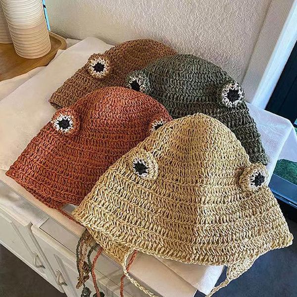 

wide brim hats summer fashion frog straw hat women beach weaving sun with ears eyes cute fisherman toad trend, Blue;gray