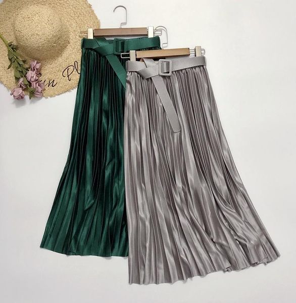 

skirts autumn 2021 women skirt silky satin pleated high waist silk fabrics shiny waistband midi a- line office lady, Black