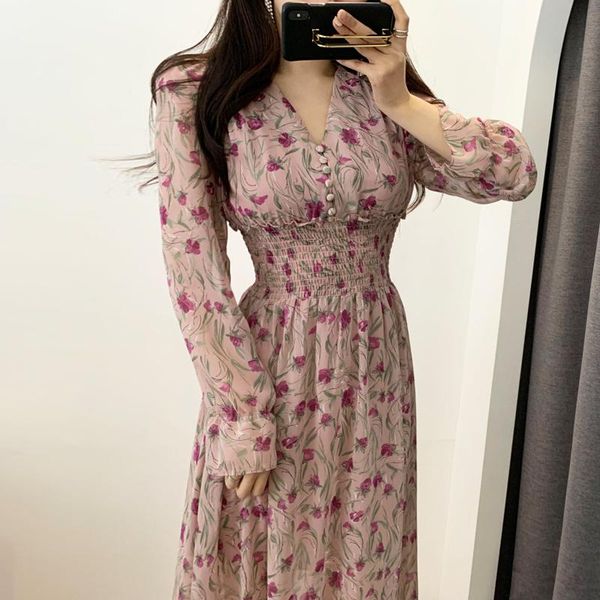 

casual dresses flower dress women floral chiffon clothes maxi beach elegant autumn pink korean long sleeve v neck vestidos de mujer, Black;gray