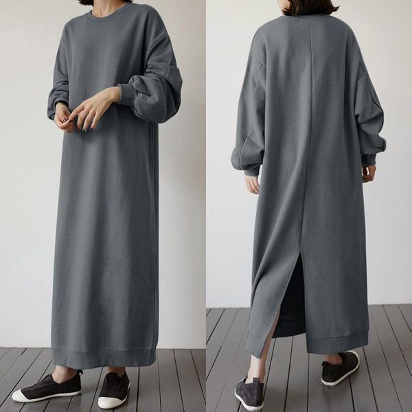 

casual dresses plus size women's maxi hoodies zanzea stylish sweatshirt dress autumn vestidos female back split robe, Black;gray