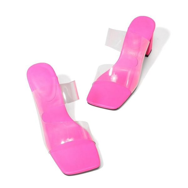 

slippers rose red pvc transparent jelly shoes summer outdoor women fashion square toe sandals party dress thick high heels, Black