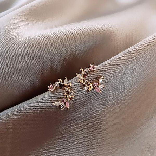 

stud korean design fashion jewelry exquisite copper inlay color zircon flower leaf garland women earrings, Golden;silver