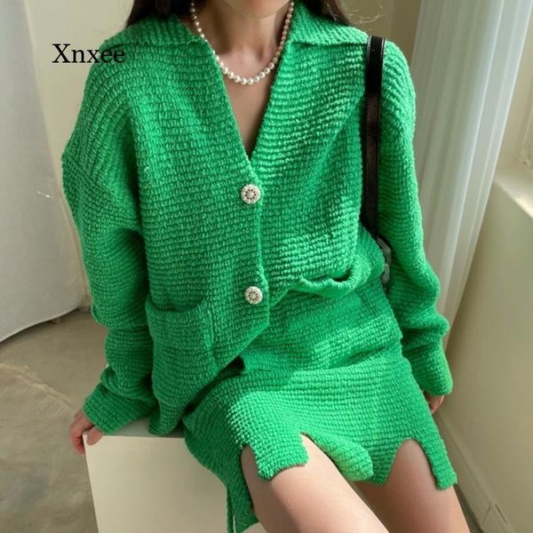 

women's tracksuits french sweater skirt suit women two piece set v neck long sleeve cardigan high waist mini skirts korean suits fashio, Gray