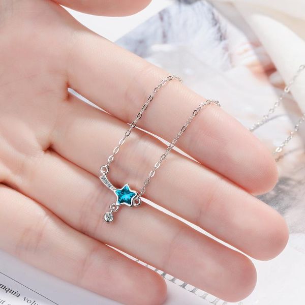 

pendant necklaces fashionable and fresh blue crystal mini cute five-pointed star small short necklace clavicle chain fine ladies, Silver