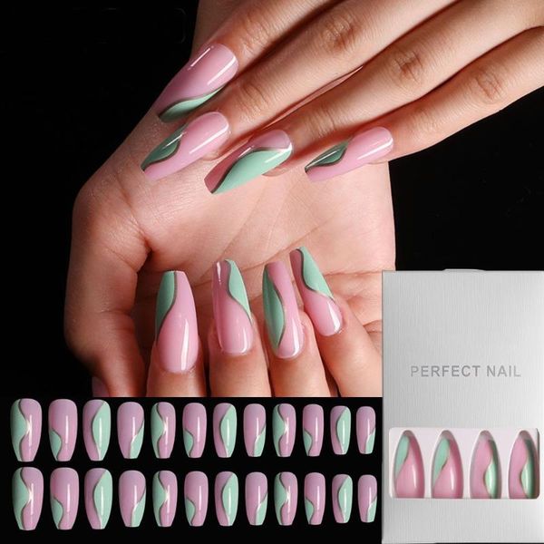 

false nails 24pcs long ballerina coffin stiletto artificial french fake full cover nail tips with press glue detachable, Red;gold