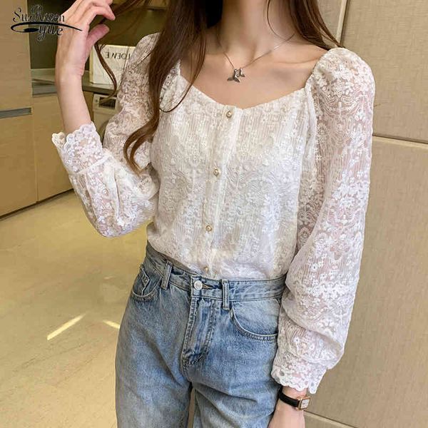 Frühling Häkelspitze Frauen Tops Korean Square Kragen Stickerei Blumenbluse Allgleiches Langarmshirt weiblich 13980 210521