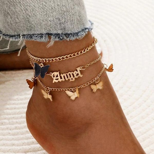 

anklets 3pcs/set bohemian multilayer butterfly letter fairy acrylic alloy anklet for women fashion foot chain bracelet jewelry, Red;blue