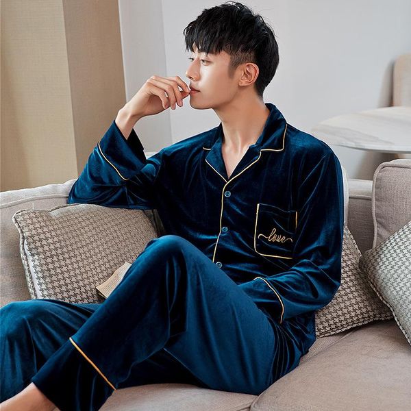 

men's sleepwear velour embroidery letter man pajamas sets 2pcs full sleeve fall winter warm nightwear cardigan male pyjamas home wear, Black;brown