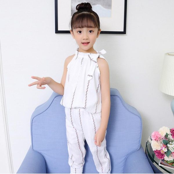 

clothing sets 2 pieces kids suit set, floral print round collar sleeveless pullover+ trousers for girls, white/pink