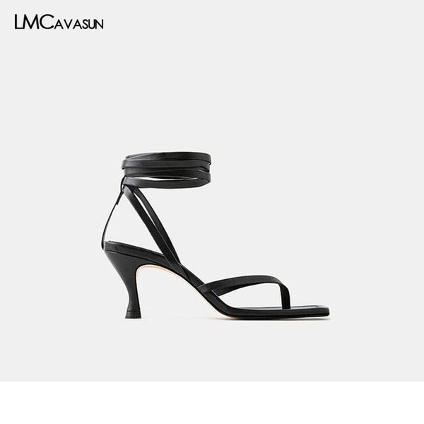 

summer square toe women lace up sandals 6.5cm thin heel, Black