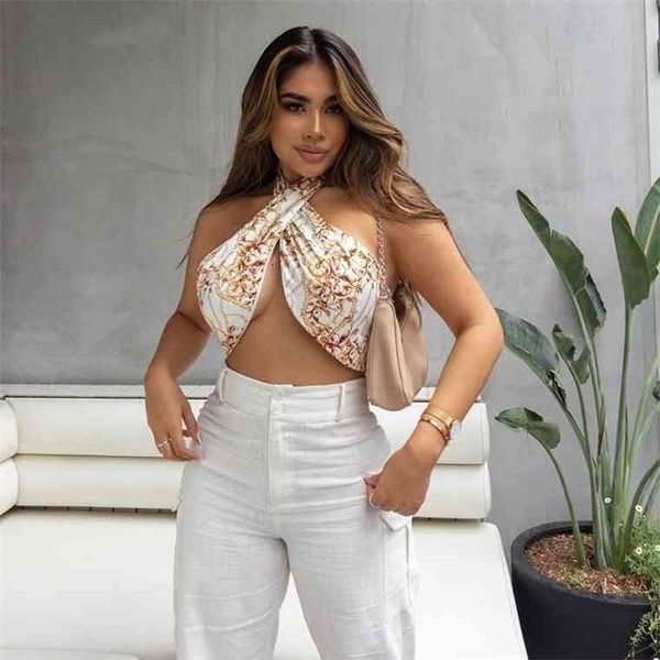 

print wrap crop woman lace up halter neck tank backless cami ladies beach holiday streetwear summer clothes s, White