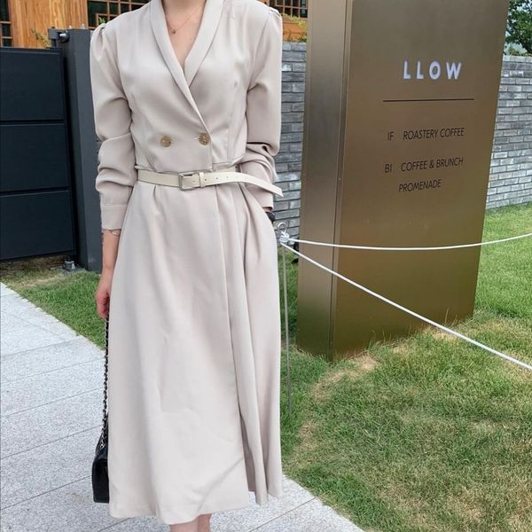 

dresses casual suit collar spring women long sleeve office lady slim with belt a-line female clothes 7dc0 8bcd, Black;gray