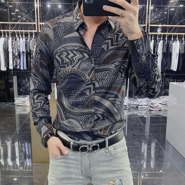 

men's casual shirts luxury print men long sleeve slim shirt male business formal dress 2021 streetwear party chemise homme, White;black