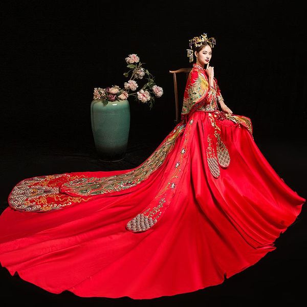 

exquisite peacock embroidery qipao chinese women wedding dress classic cheongsam noble tassel tailing dresses ethnic clothing, Red