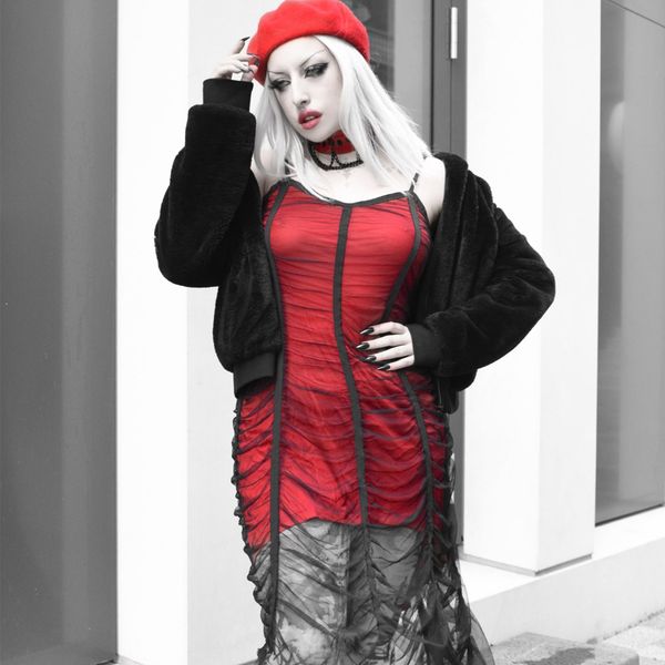 

2021rosetic mesh pleated strap goth dress women dark girl summer red black irregular patchwork designer long dresses 2021, Black;gray