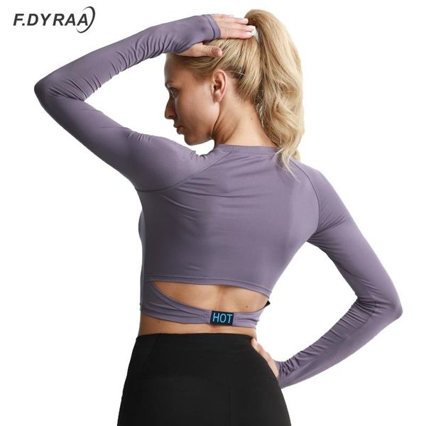 

f.dyraa women yoga crop hollow back shirts long sleeve workout fitness running sport gym sportswear jerseys, Black;blue