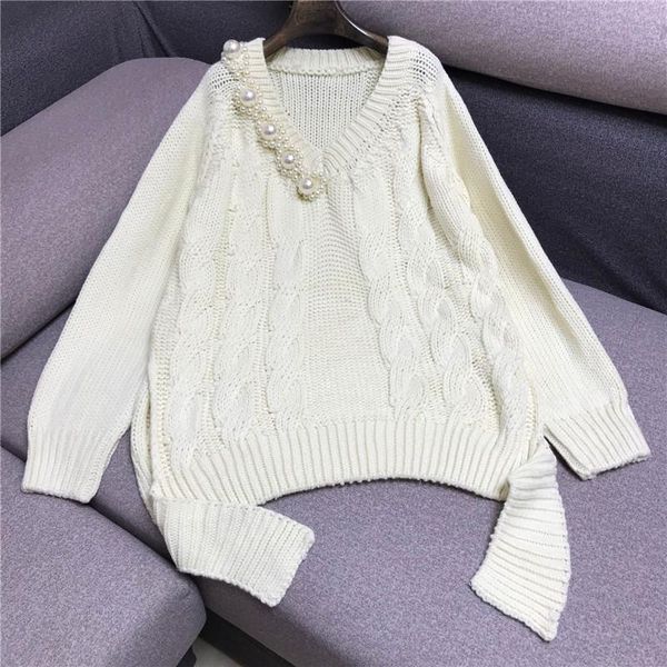 

women's sweaters temperament pearl sweater loose v-neck knit 1016, White;black