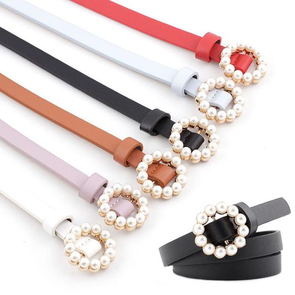 

pearl decorative belt round pin buckle belts for women ladies pu leather straps dress jeans accessories, Black;brown