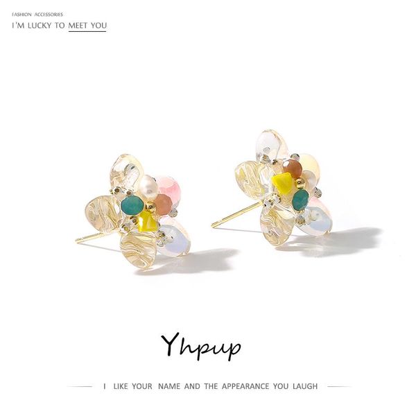

yhpup cute stud earrings resin stone natural pearls exquisite transparent brincos for girl birthday gift s925 post, Golden;silver