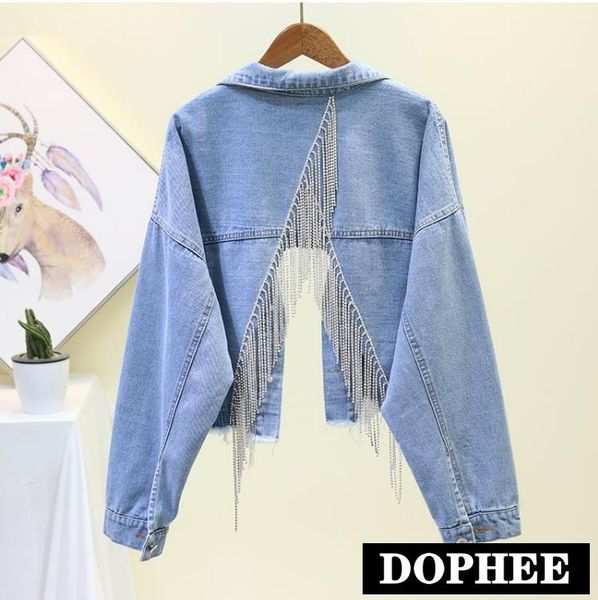 

women's jackets 2021 spring fall heavy tassel rhinestone back slit openwork denim short coat female blue jeans jacket outwear, Black;brown