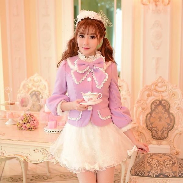 

women's wool & blends princess sweet lolita coat candy rain winter 2021 bowknot grid cloth lantern sleeve short c16cd5931, Black