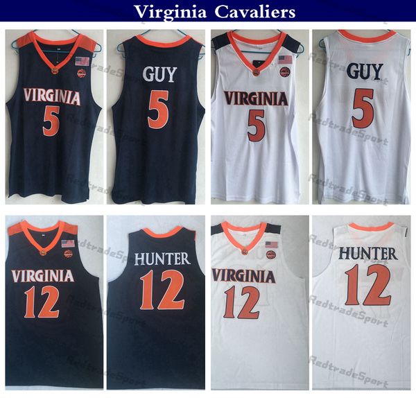 Mens NCAA Virginia Cavaliers # 5 Kyle Guy 12 De'Andre Hunter College Maglie da basket Camicie cucite bianche S-XXL