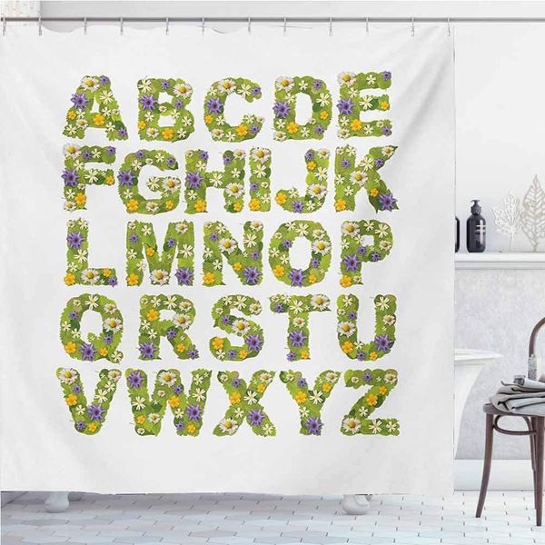 

letters shower curtain liners green leaves and flowers mother nature inspired alphabet spring print for bathroom showers, stalls
