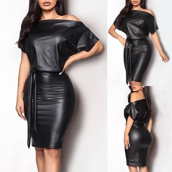 

dress 2021 fashion women solid bat leather off-shoulder short sleeve ladies casual clothes skirts, Black