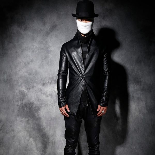 

men's fur & faux 2021 clothing motorcycle punk leather personalized stand collar slim one button jacket outerwear singer costumes, Black