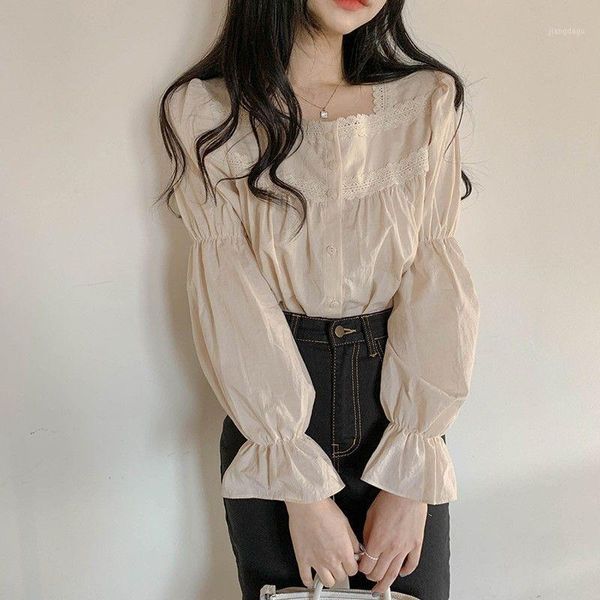 

women's blouses & shirts blouse women autumn retro square collar lace stitching long-sleeved blusas mujer de moda, White