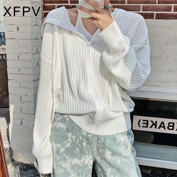 

women's knits & tees xfpv 2021 autumn fashion tide long sleeve casual knitted hoodie korean slim bottomed sweater zipper sl971, White