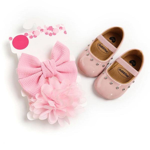 

baby girl shoes pu rivet sweet princess toddler + hair accessory two set born girls pink white black shoes13 first walkers