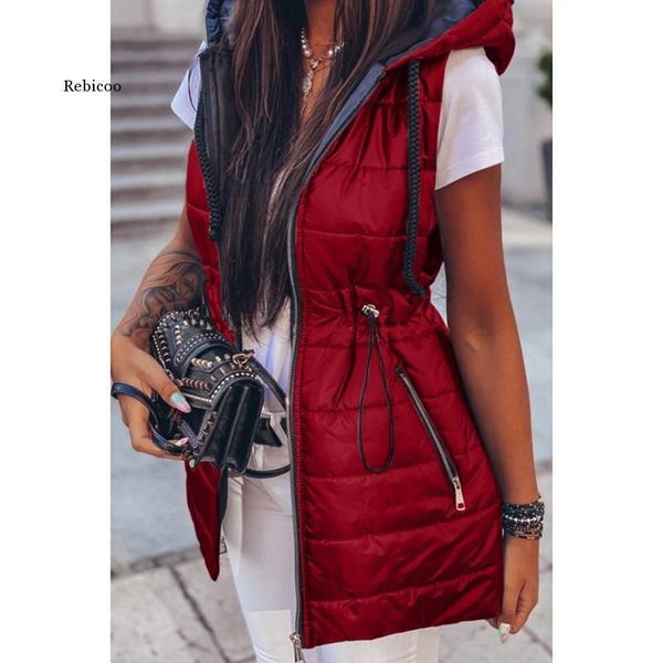 

women winter warm thick hooded vest parka ladies elegant shiny drawstring waist corset zipper coat jacket overcoat women's down & parka, Black