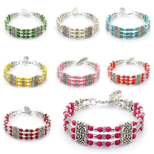 braccialetti da tennis in turchese d'argento tibetano con piume a tre file da donna regalo di moda bracciale fai da te da donna in stile nazionale