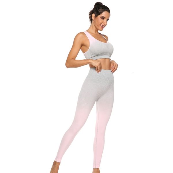 

outdoor gradual high elastic nylon seamless yoga leggings sports bra suit, Gray