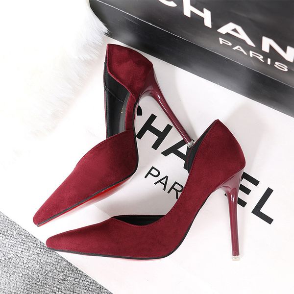 

sandals 2021 spring fashion simple stilettos suede shallow mouth pointed side hollow banquet women's single shoes, Black