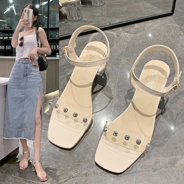 

sandals plastic sandal 2021 summer female shoe large size high heels transparent fashion studded girls big leather comfort high-heeled n, Black