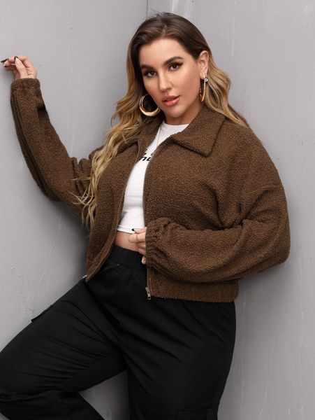 

plus drop shoulder teddy jacket o95a#, Black