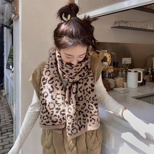 

scarves women vintage leopard print knitted long scarf korean style harajuku thick pashmina wide shawl wrap blanket neck warmer, Blue;gray