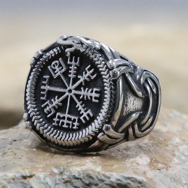

vintage gothic viking compass rings 316l stainless steel pirate double axe punk biker men amulet jewelry cluster, Golden;silver