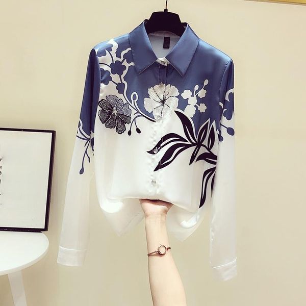 

women's blouses & shirts vintage printed women chiffon summer 2021 turn-down collar long-sleeved elegant office lady outwear, White