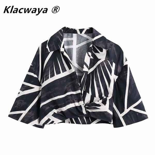 

women vintage black white tie dyed printing hem knot short smock blouse female kimono shirts chic crop blusas 210521