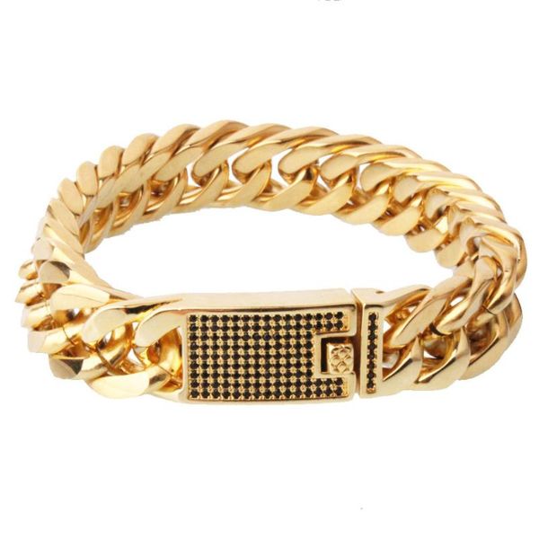 

link, chain cool jewelry bracelet mens gold color stainless steel double link black crystal 15mm